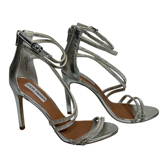 Steve Madden Silver Rhinestone Fiffi Strappy Stiletto Heels Party Cocktail 6 - Picture 1 of 6
